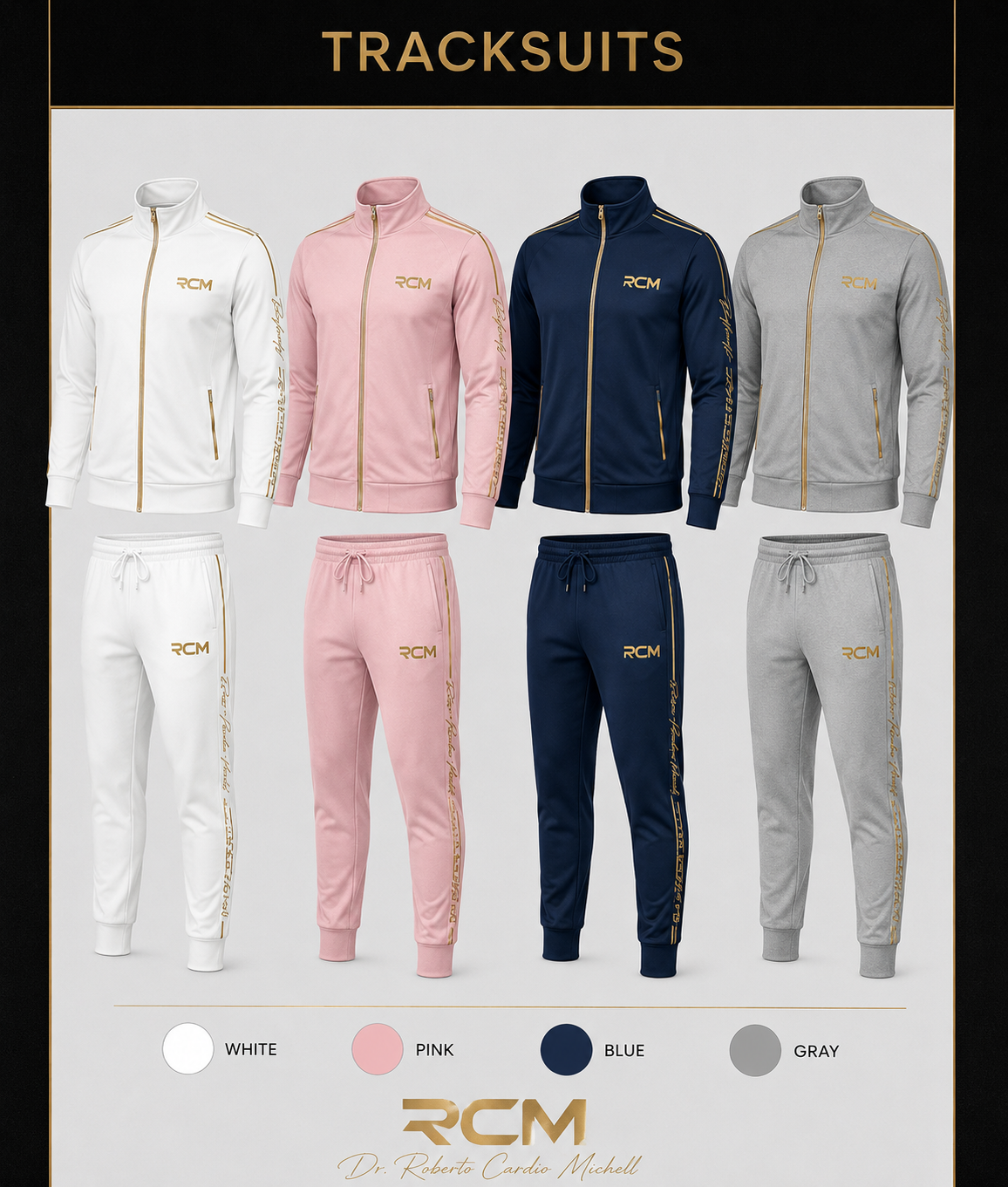 RCM tracksuits in white, pink, navy and gray